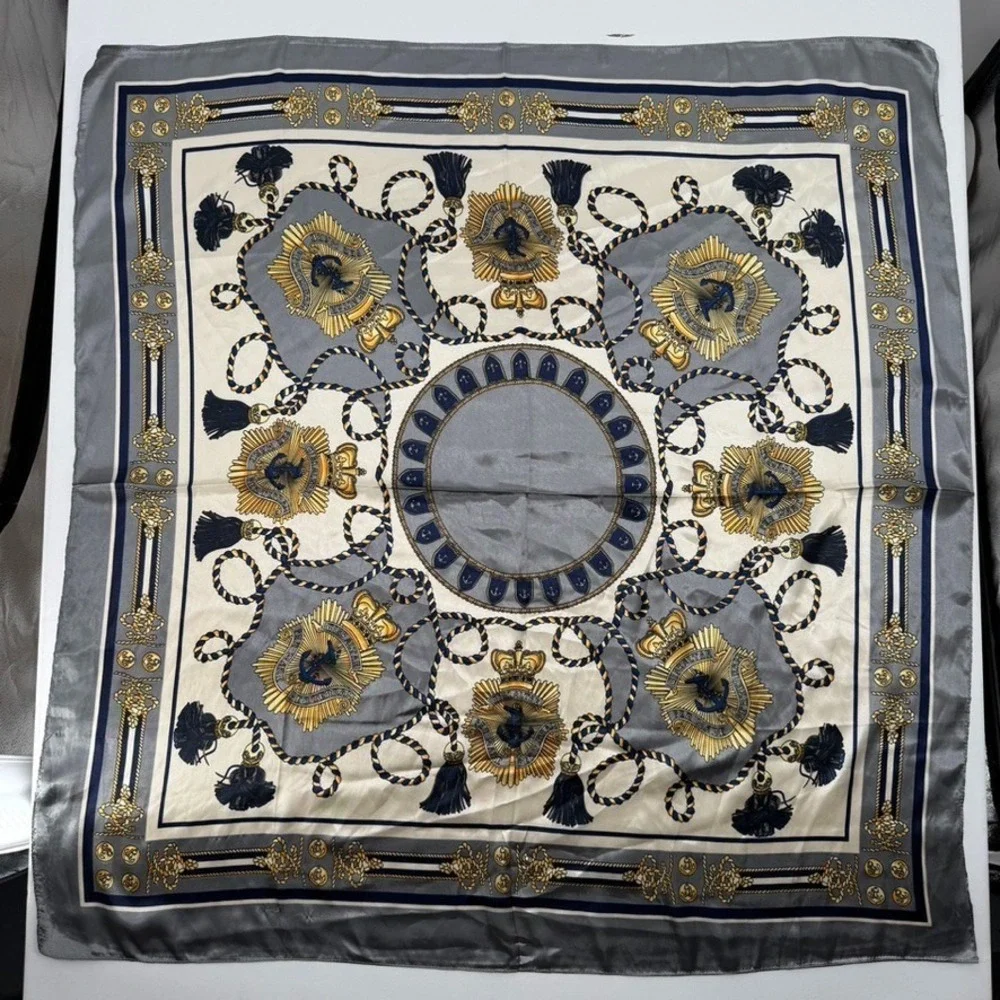 Vintage Nautical Chain Anchor Tassel Satin Scarf Gray Blue Gold Square 34x34